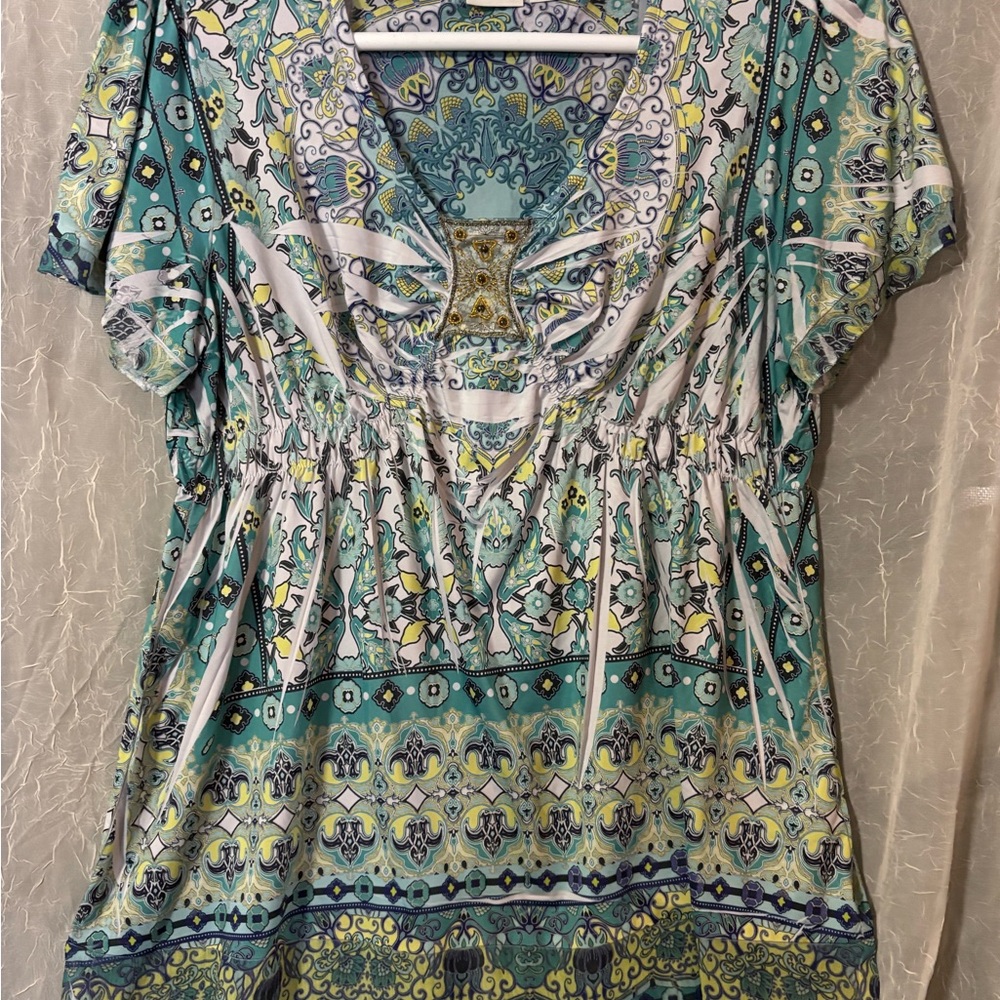 Cato Teal and Yellow Patterned Blouse